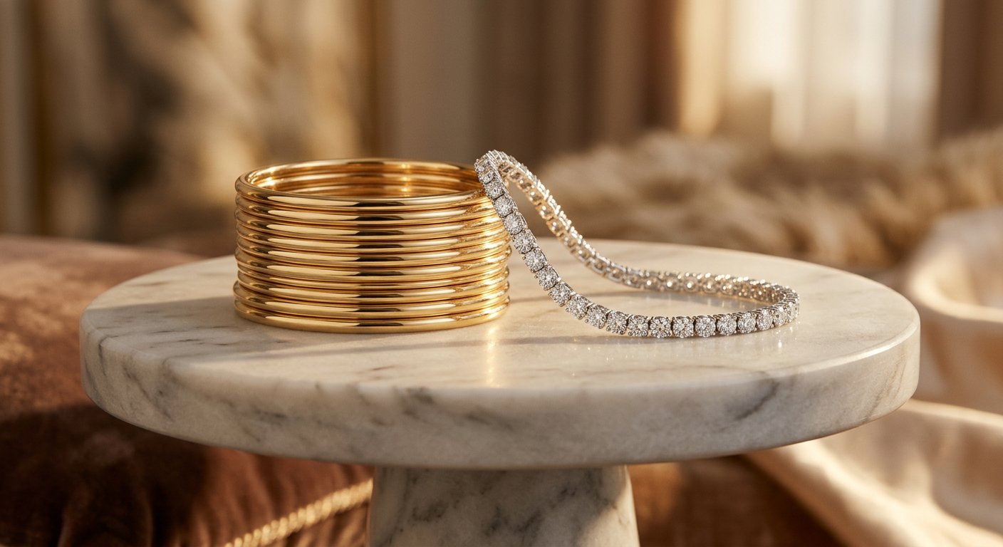 Gold bangles and tennis bracelet