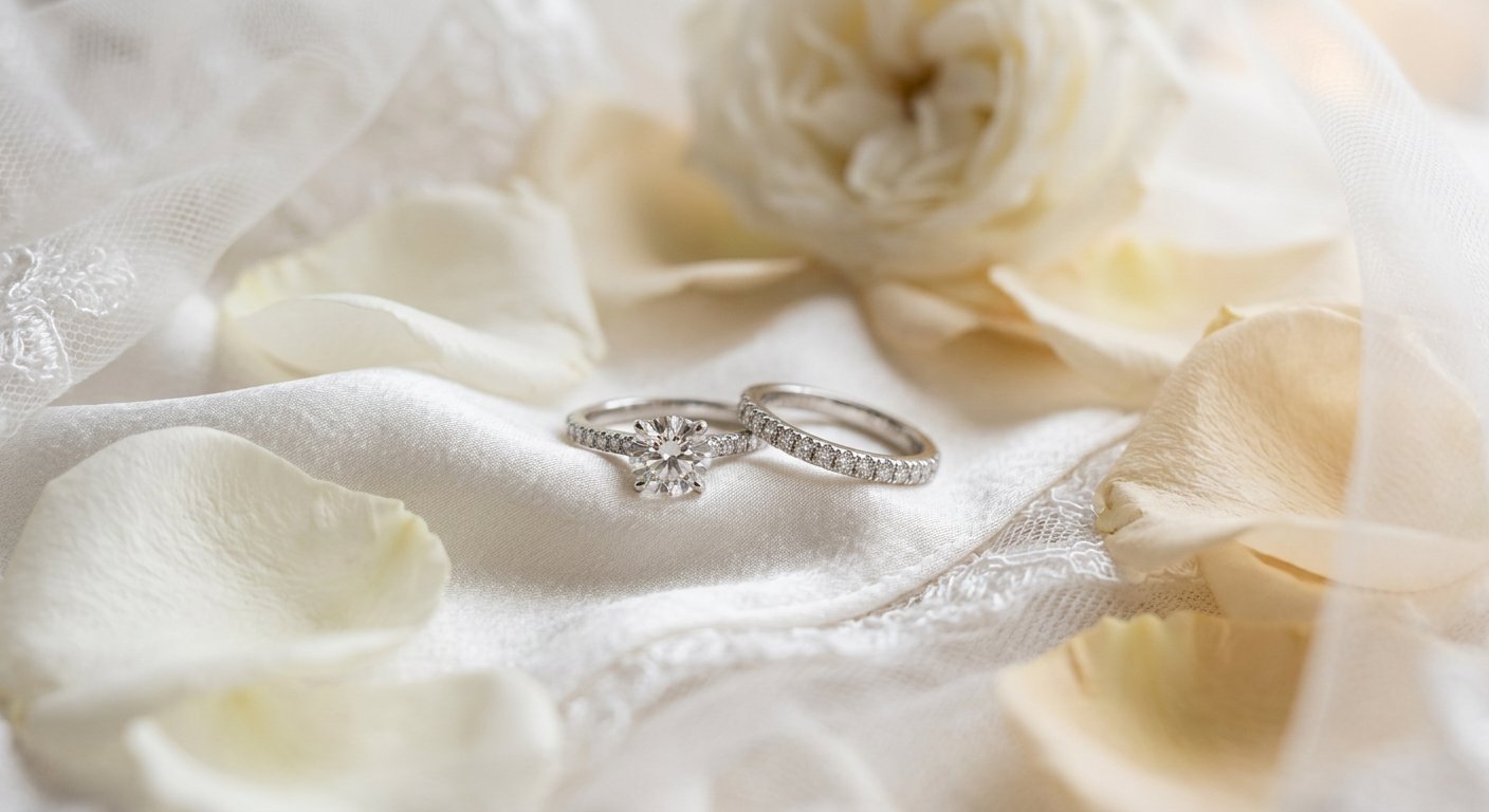 Engagement and wedding rings on silk